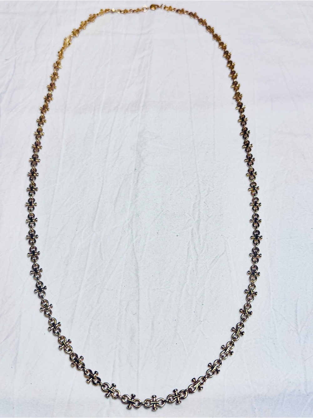 Vintage Signed Monet Gold Tone Gothic Cross Fleur-de-lis Link Chain Necklace 32”